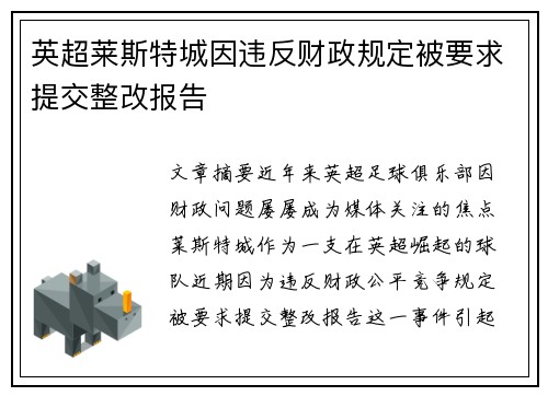 英超莱斯特城因违反财政规定被要求提交整改报告